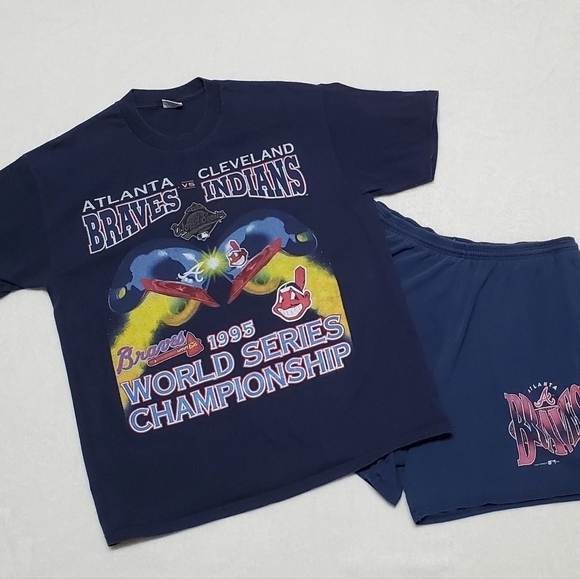 VINTAGE 90s Atlanta Braves Cleveland Indians Tee Tie-Waist Loose Fit Shorts Set - Picture 1 of 16